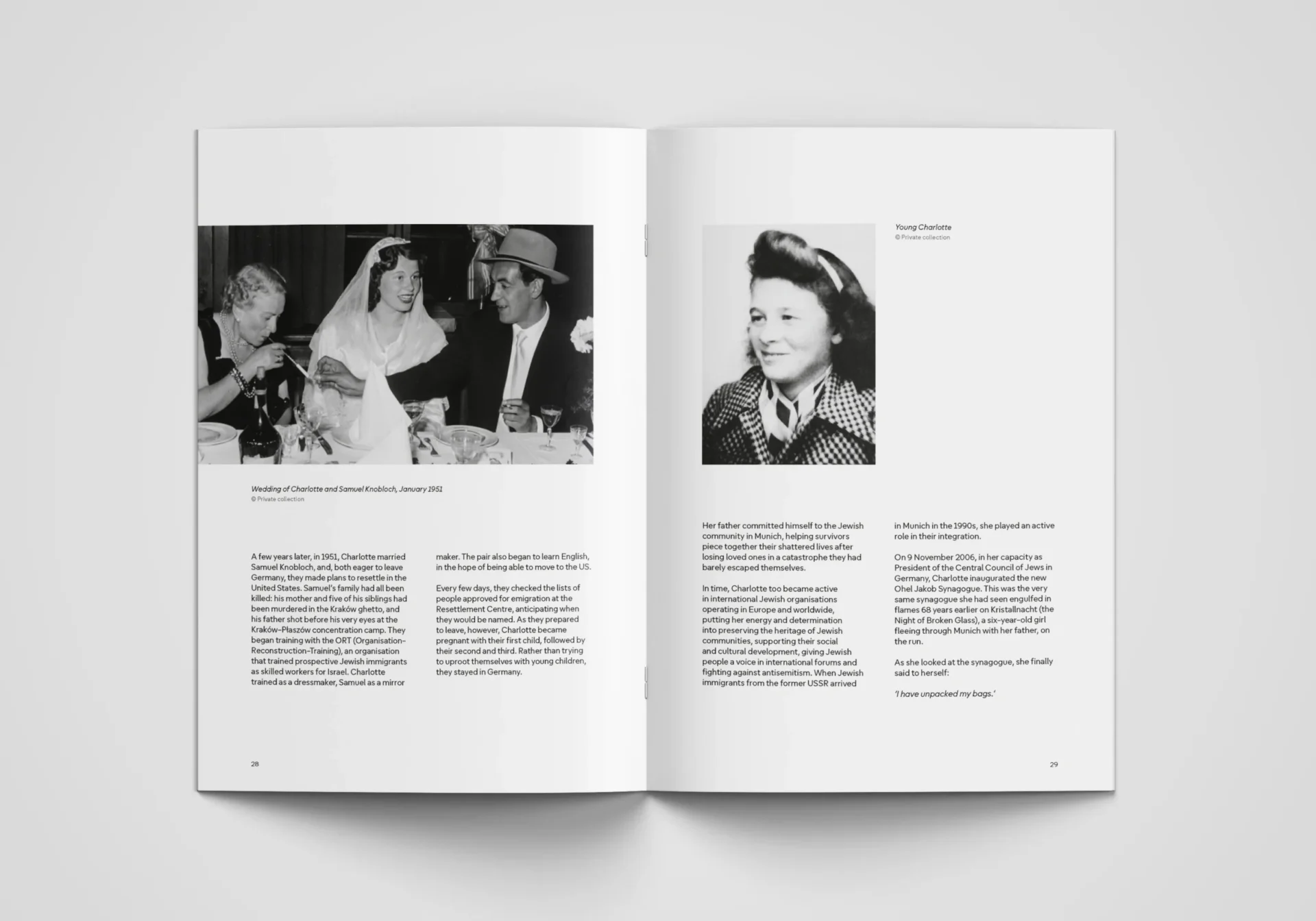 Booklet spread with two photographs at the top, spanning both pages, and text laid out in two columns, arranged at the bottom.