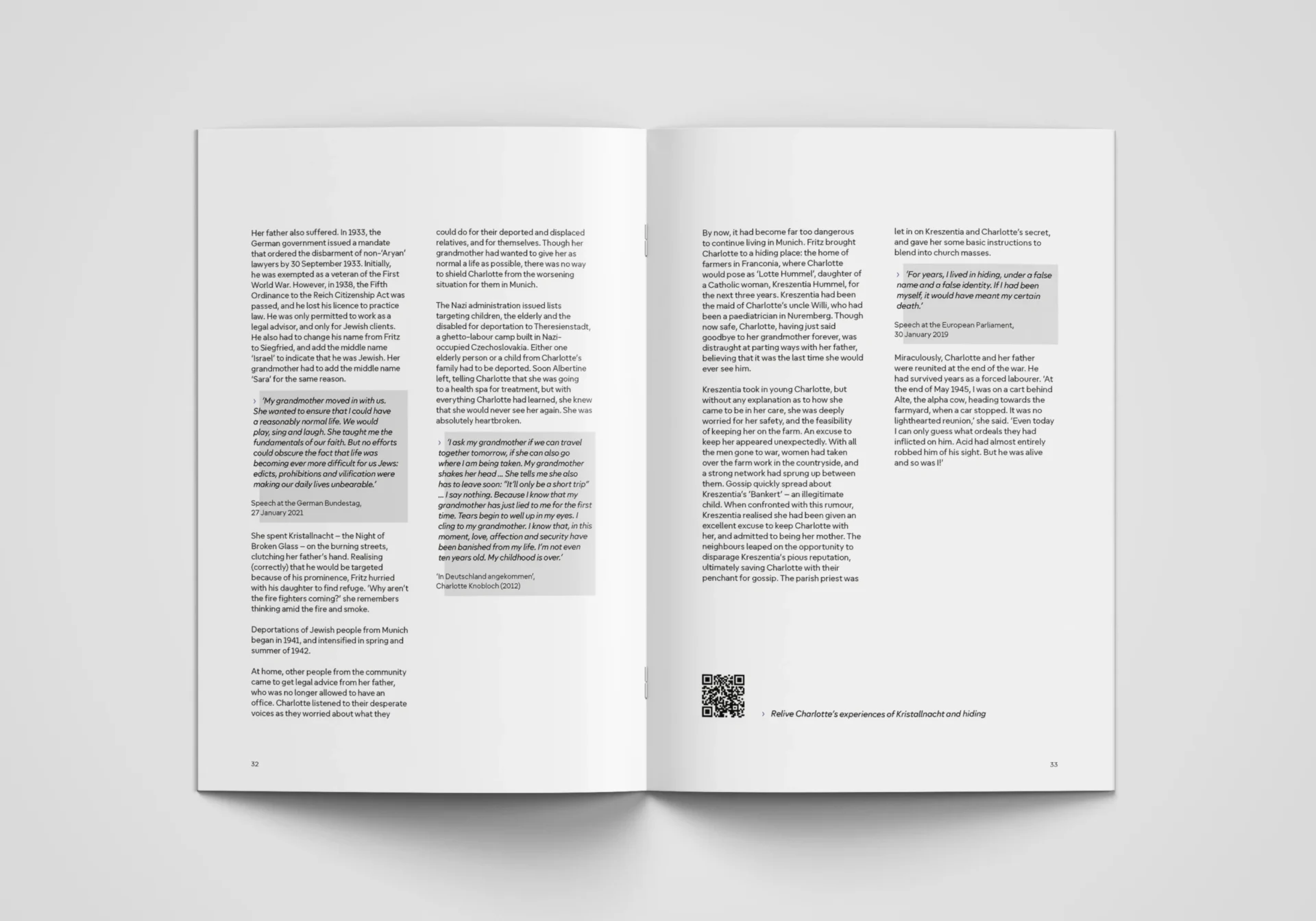 Booklet spread filled with text laid out in two columns, occasionally broken by quote blocks set against a gray background.