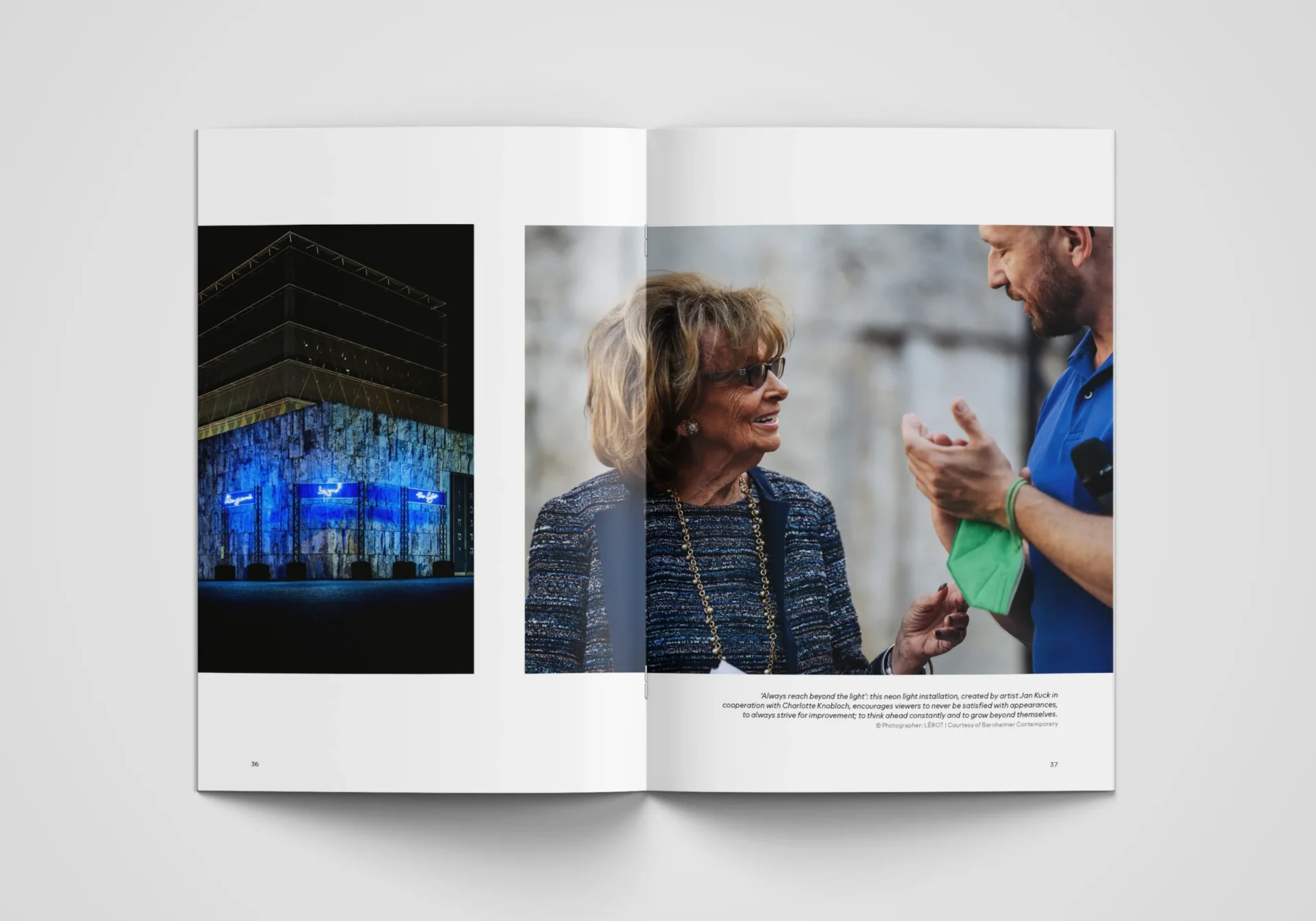 Booklet spread with two photographs arranged over the entire two pages, and a photo caption placed in the bottom right corner of the right page.