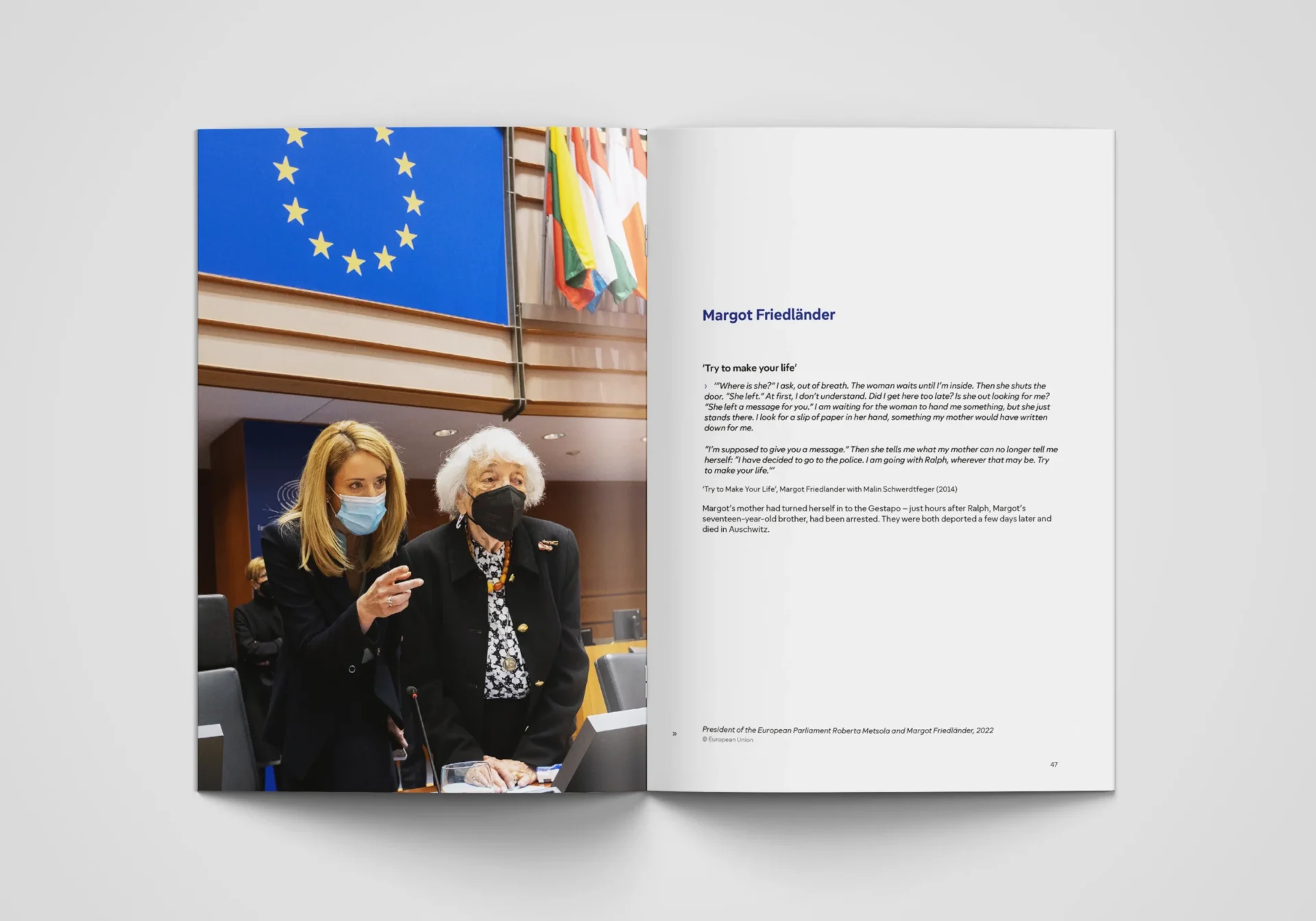 Booklet spread with a full-page photograph on the left. The right page marks the beginning of a new chapter, featuring the title ‘Margot Friedlander’ at the top, followed by a block of introductory text.