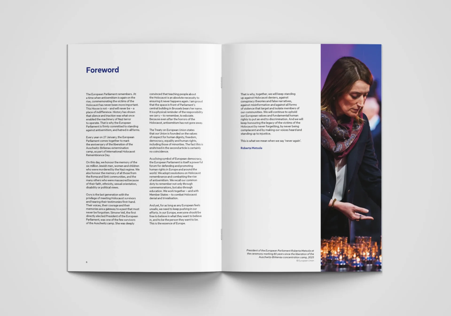Booklet spread starting with the title 'Foreword', followed by text laid out in two columns spanning both pages. There is also a photo of Roberta Metsola placed over one third of the right page, starting from the right side of the spread.