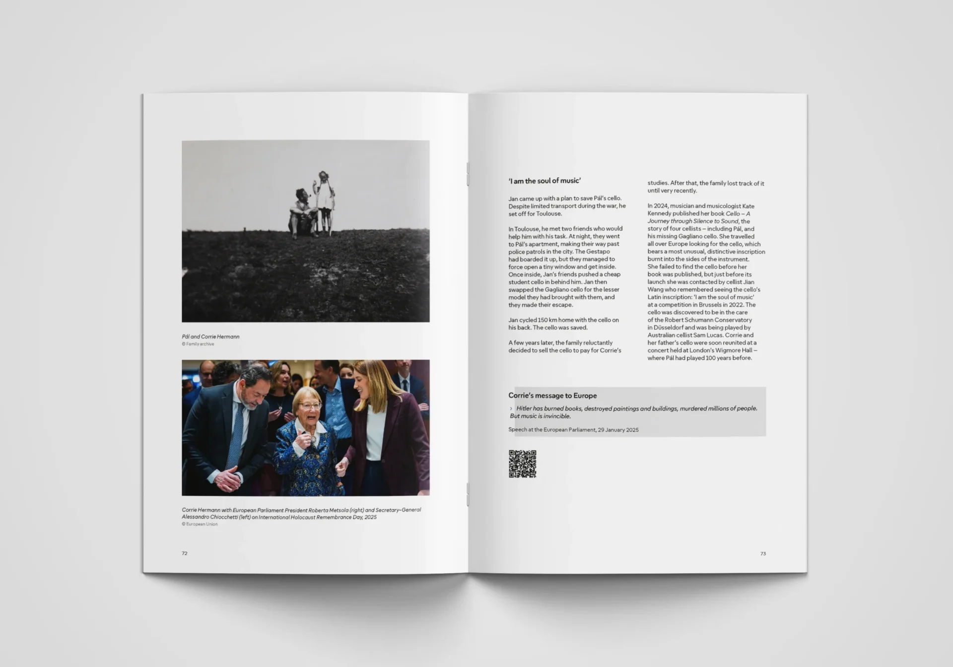 Booklet spread with two photographs on the left page. The right page contains text laid out in two columns. Below the columns is a highlighted quote set against a gray background, with a QR code positioned underneath.