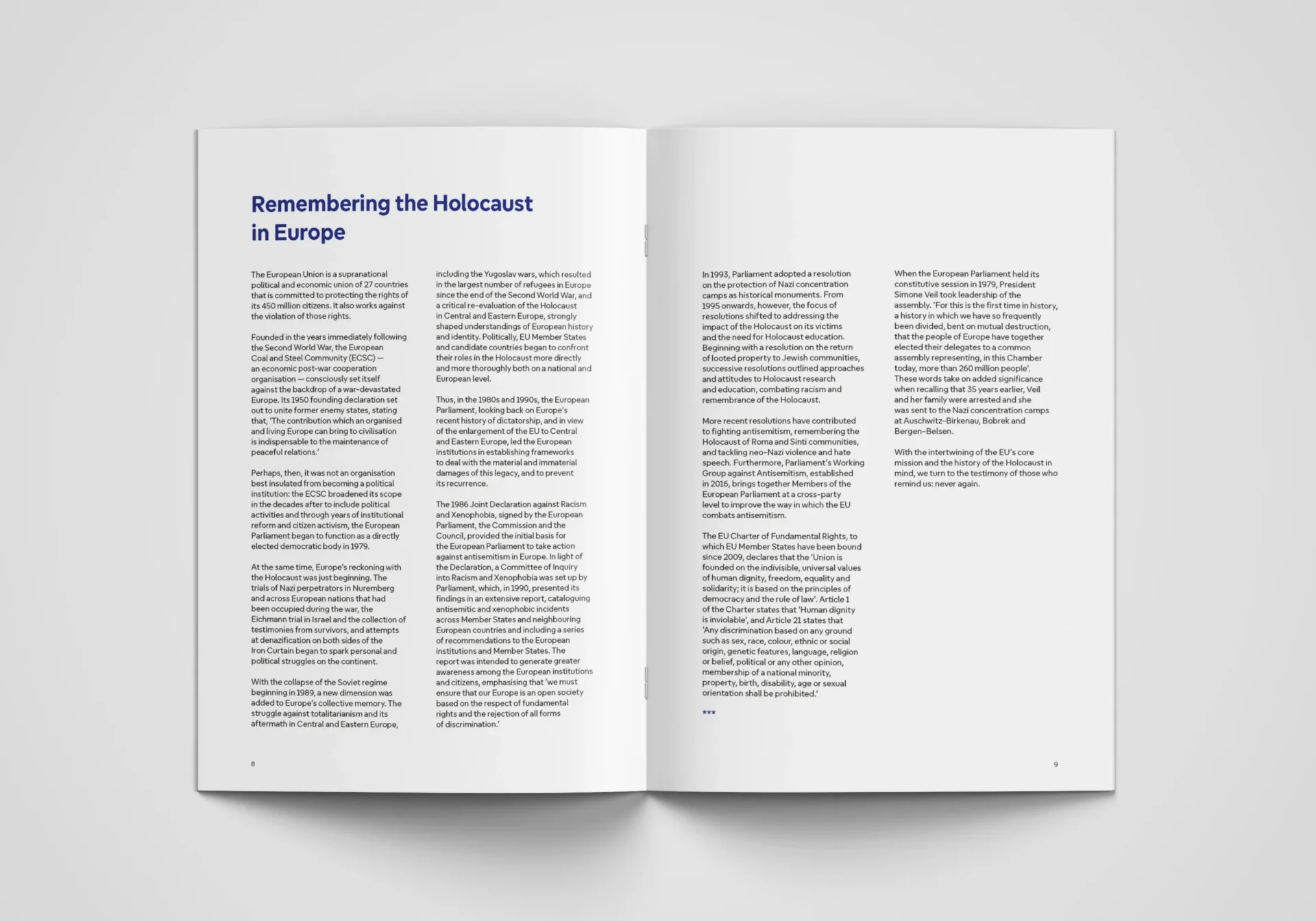 Booklet spread starting with the title 'Remembering the Holocaust in Europe', followed by text laid out in two columns over the course of both pages.