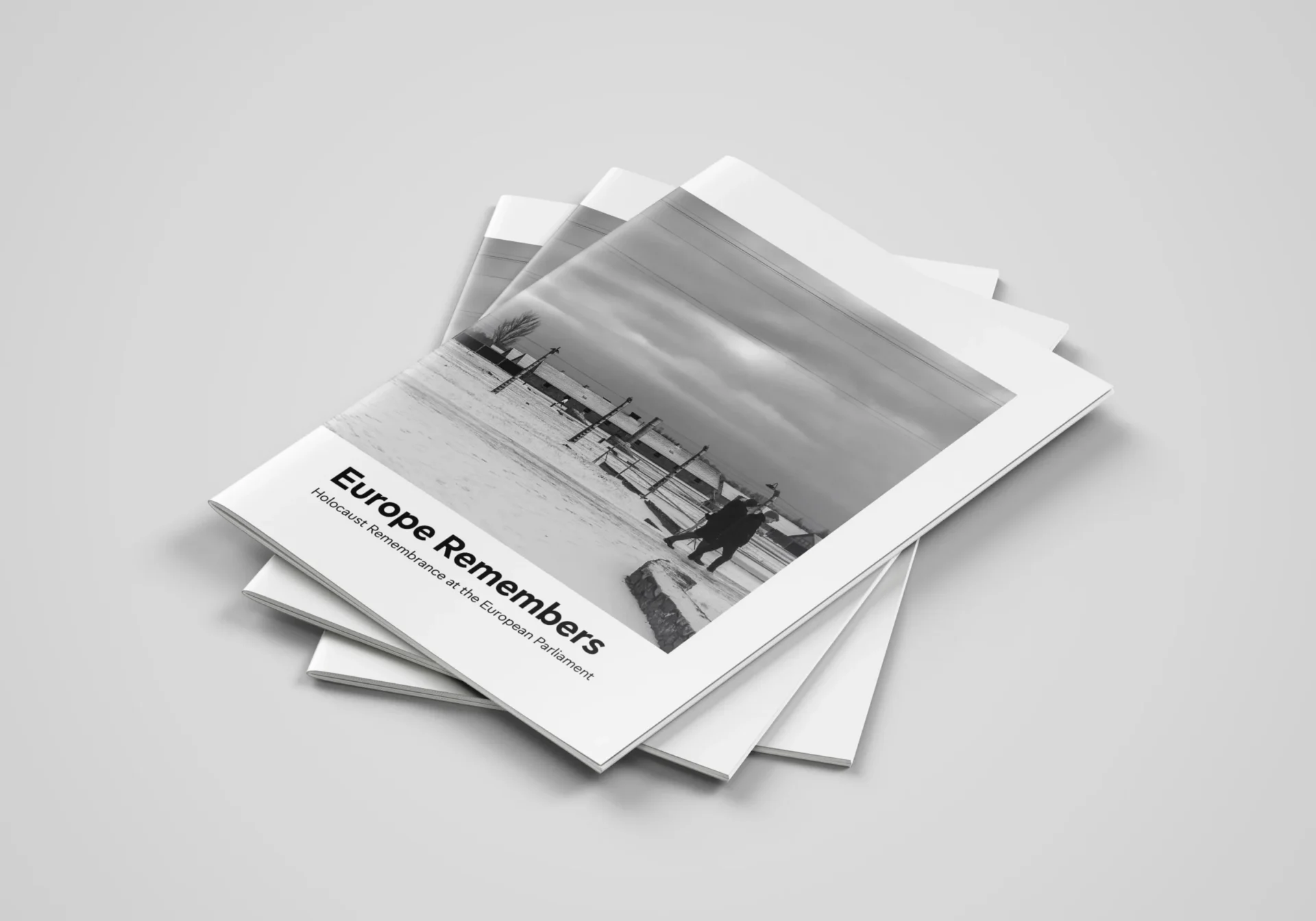 A stack of booklets showing the front page with the title ‘Europe Remembers: Holocaust Remembrance at the European Parliament’, and a cover photo displaying Auschwitz-Birkenau.