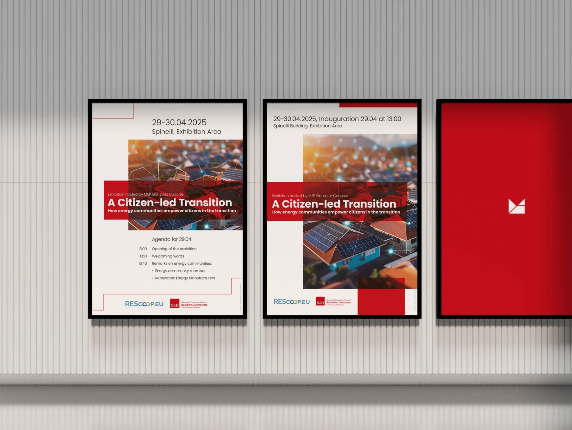 Two posters hanging on a wall, advertising an exhibition at the European Parliament called ‘A Citizen-led Transition: How energy communities empower citizens in the transition’.