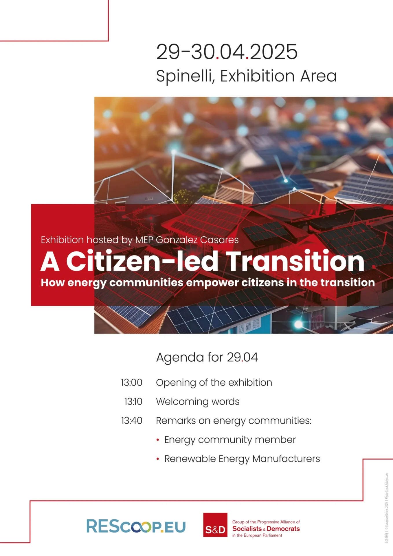 First version of the exhibition poster, featuring photography, bold red shapes supporting client's branding, as well as event details including the agenda of the event.