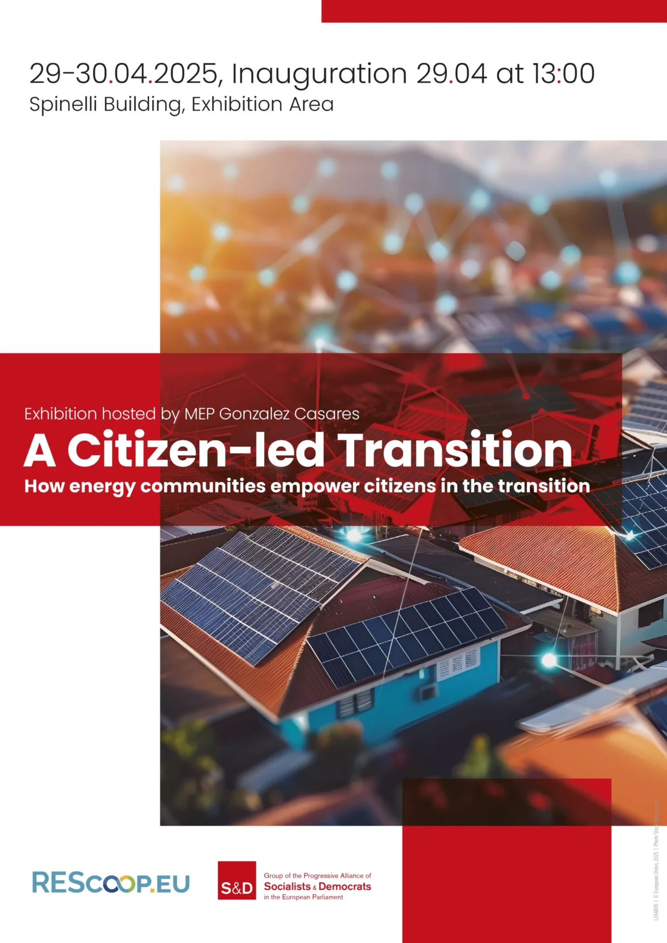 Second version of the exhibition poster, featuring photography, simple red shapes supporting client's branding, as well as event details.