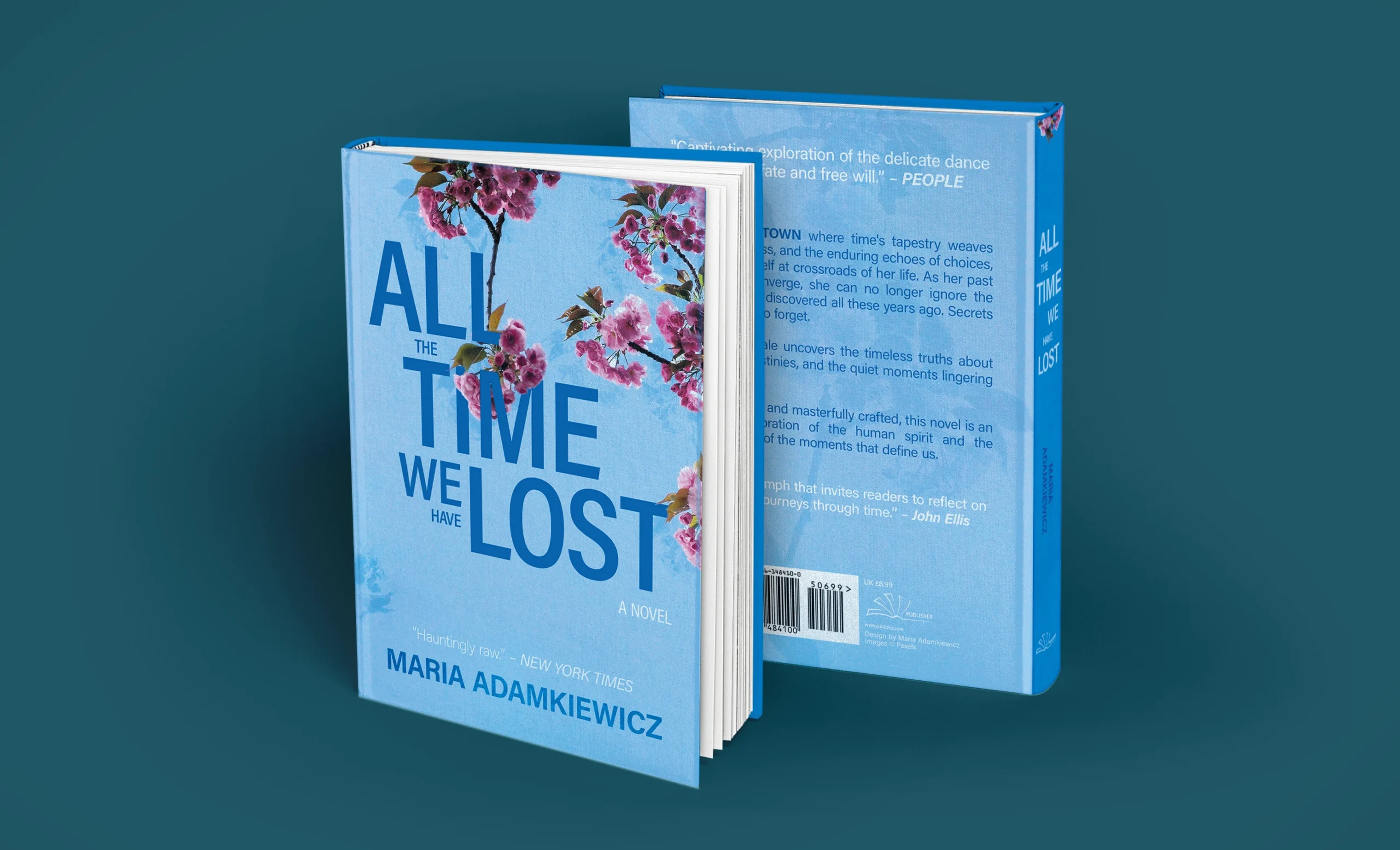 Two books with a title 'All the time we have lost', showing their front and back cover. The book cover is light blue with pink floral elements, featuring a contrasting dark blue text and white-colored review quotes. 