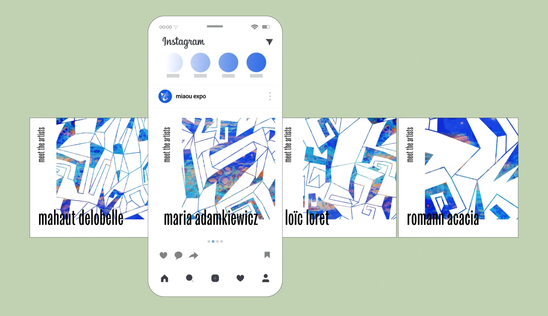 Social media graphics based on the 'Miaou Expo' poster illustration, including a caption 'meet the artists' and artists' names.