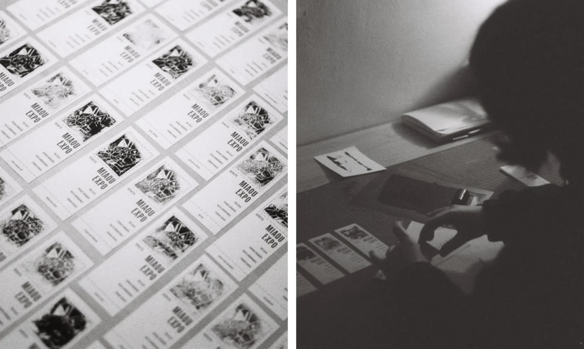 Black and white film photograph of the exhibition tickets and Maria (the graphic designer and author of the website) working on the linocut prints featured on the tickets.