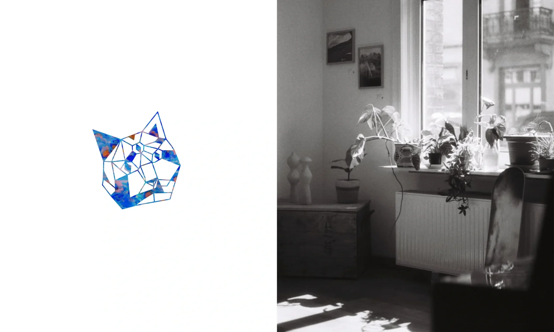 Black and white film photograph of the living room where the exhibition took place. There are photographs on the wall, ceramics displayed on a table, and various plants placed around a big window. 