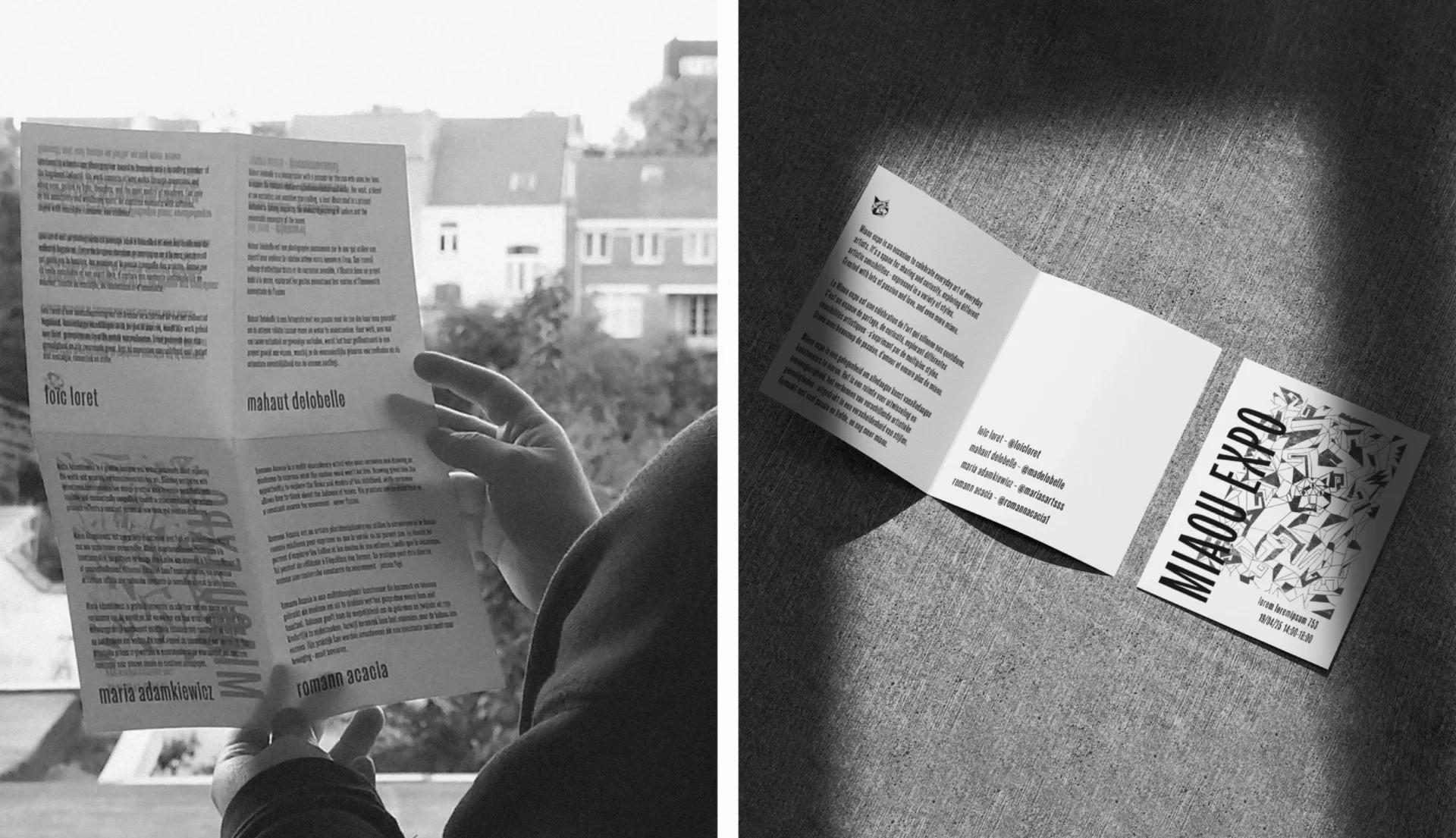 Exhibition brochure that can be folded in 4 and viewed either like a poster when fully opened or like a book when folded. The brochure includes information about the artists and exhibition.