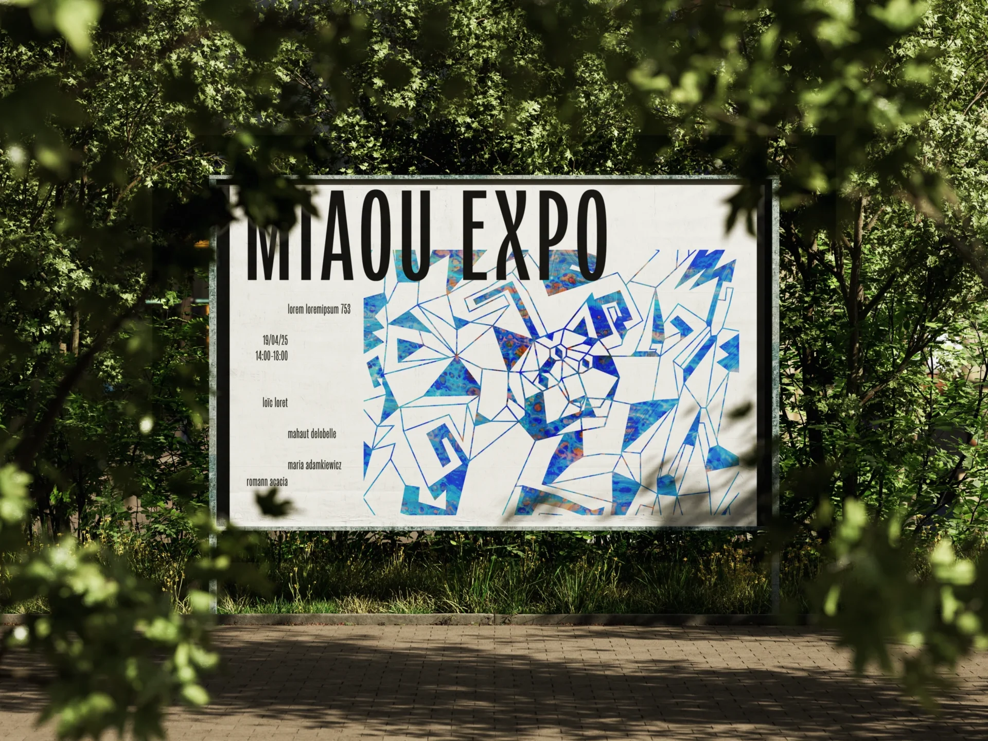 A street banner surrounded by trees displaying the exhibition poster of 'Miaou expo'.
