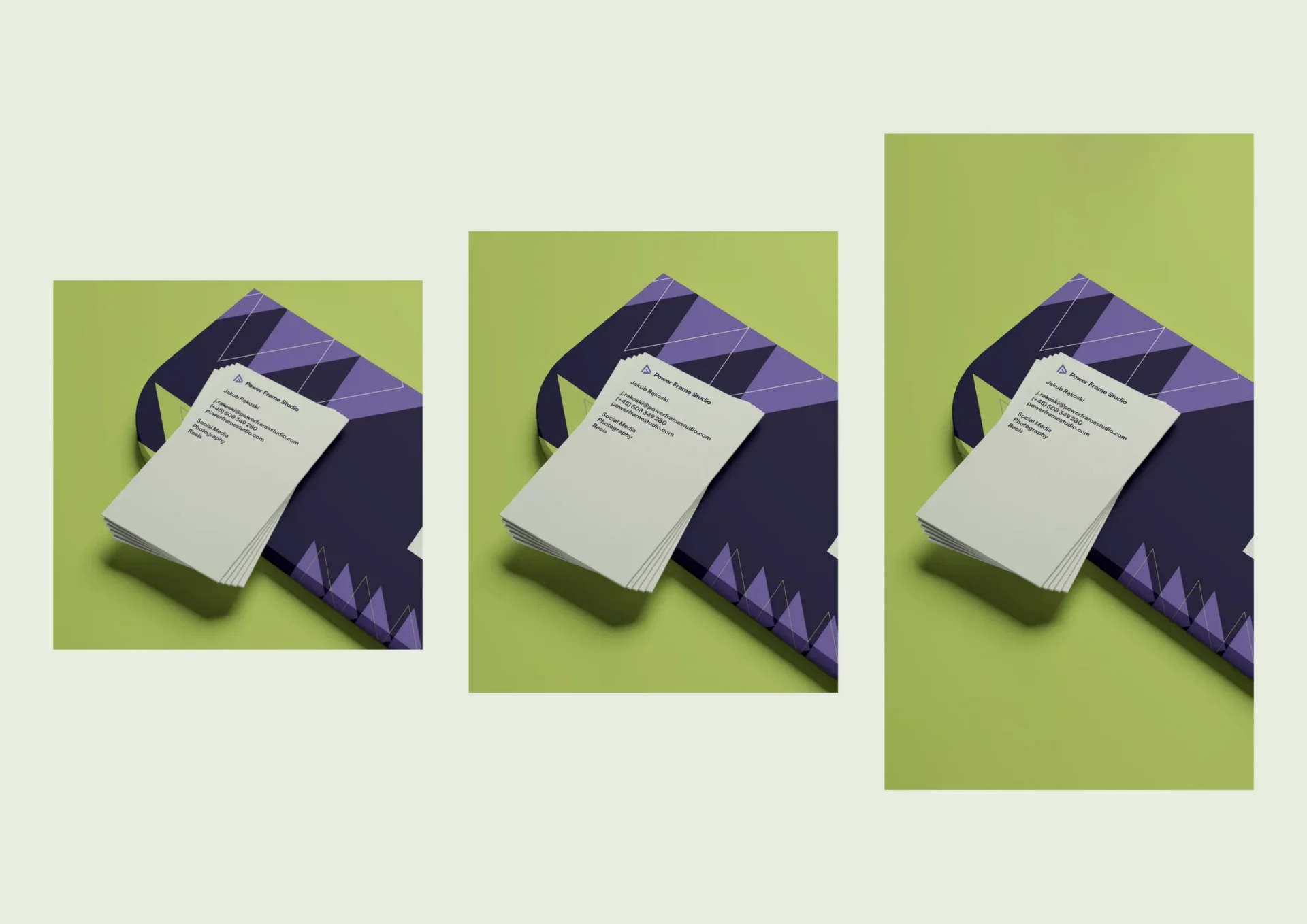 Three social media graphics designed for a Gen-Z company called 'Power Frame Studio'. All graphics are the same but were adjusted to different social media sizes, and display company's business card.