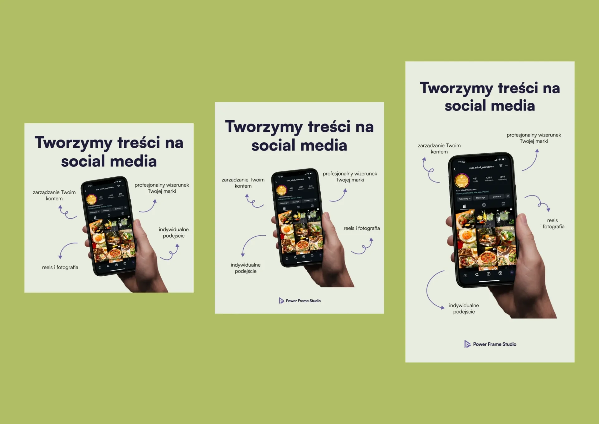 Three social media graphics designed for a Gen-Z company called 'Power Frame Studio'. All graphics are the same but were adjusted to different social media sizes. They display a hand holding a phone with an instagram feed, and captions of what the company does.