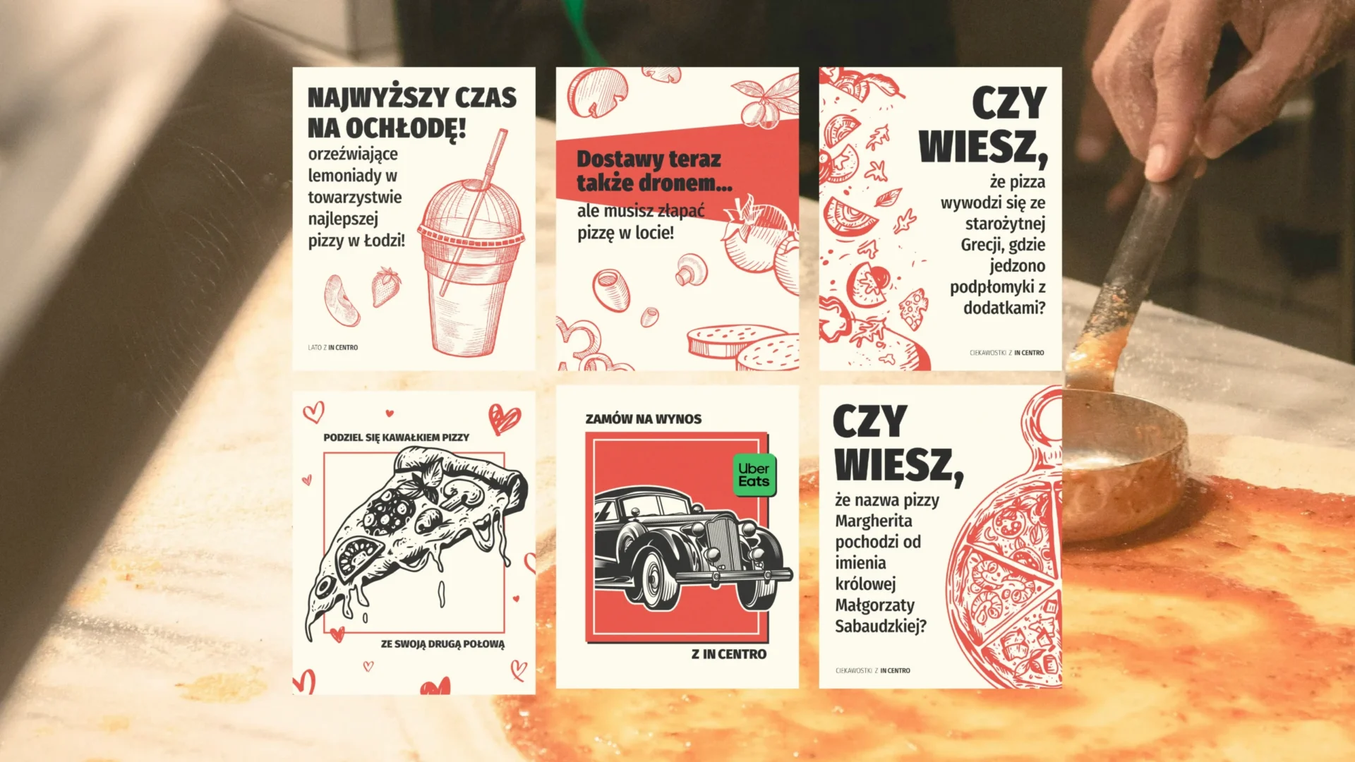 Six social media graphics designed for a pizzeria, including fun promotional captions and retro hand-drawn elements matching restaurant's branding and style.