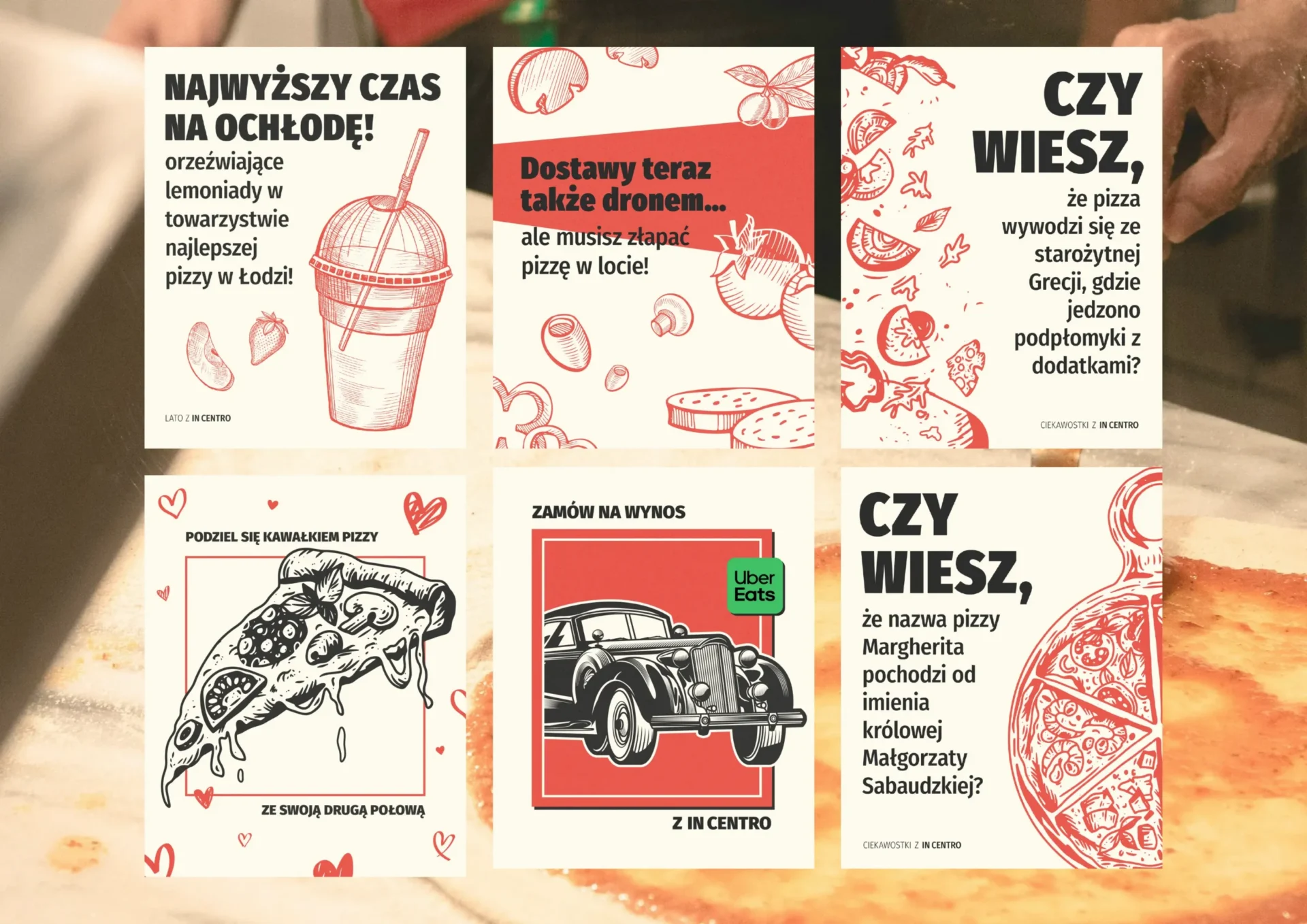 Six social media graphics designed for a pizzeria, including fun promotional captions and retro hand-drawn elements matching restaurant's branding and style.