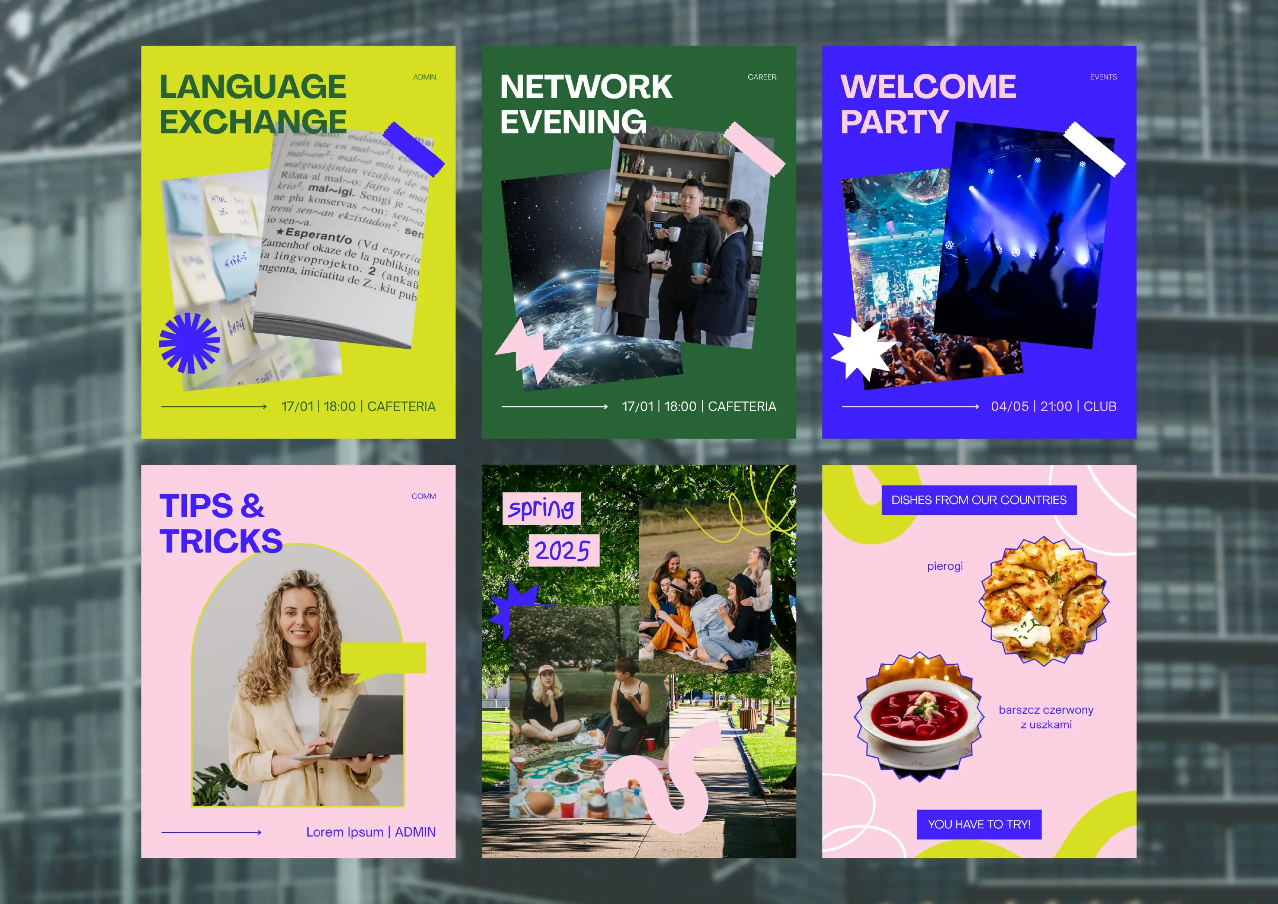 Six social media graphics designed for an association of young professionals, featuring collaged photos, fun cutout shapes, as well as a bold yet professional color palette.