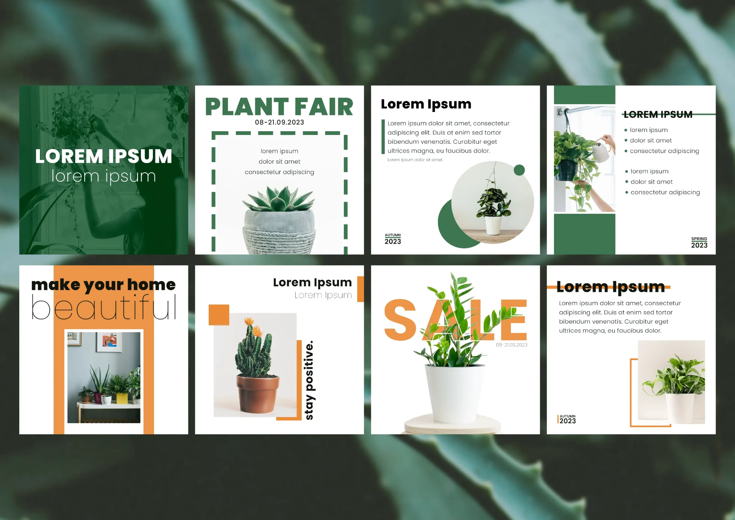 Eight social media graphics designed for an imaginary plant shop, each with a unique layout combining text, plant photography and matching geometrical shapes. 