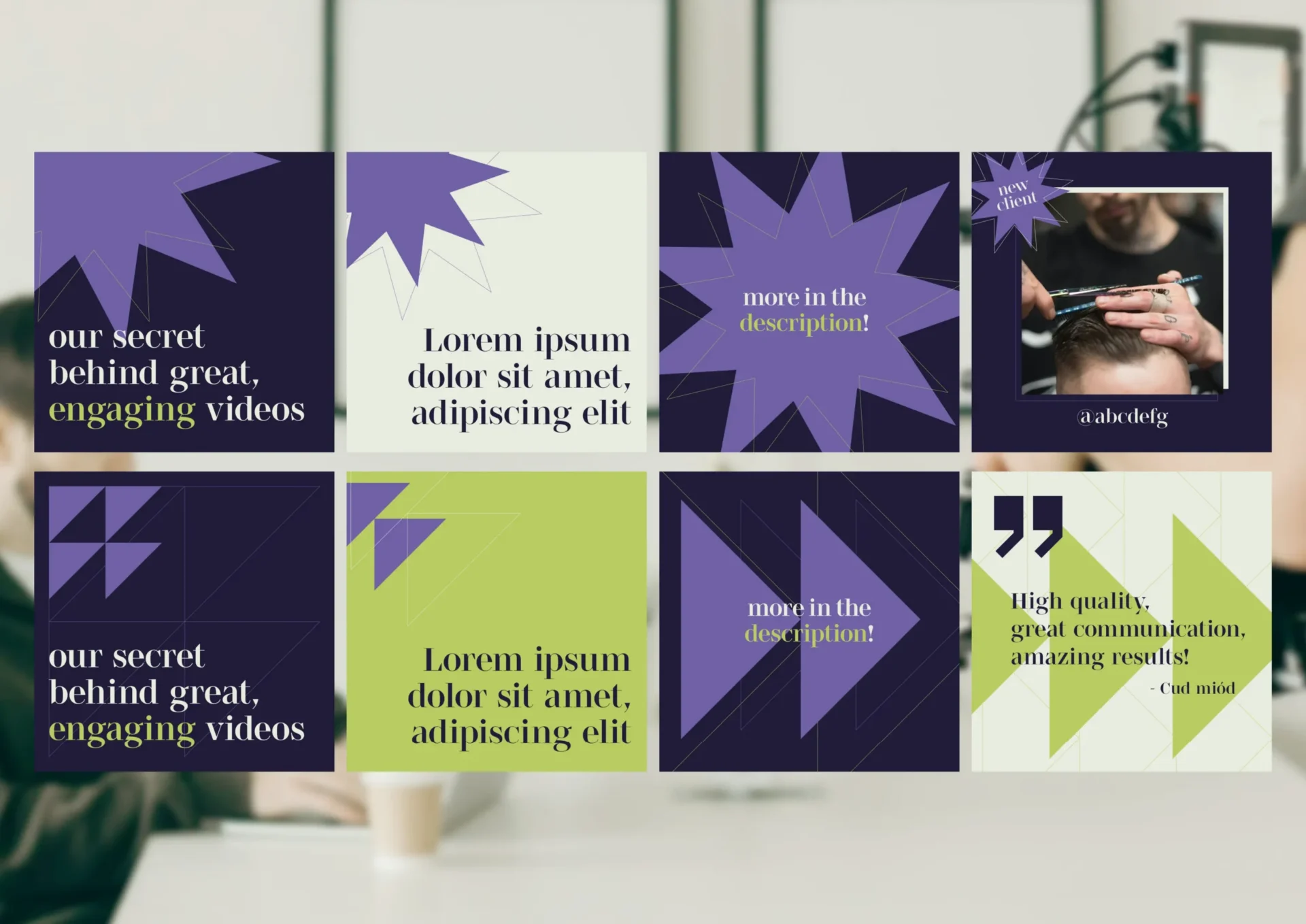 Eight social media graphics designed for a Gen-Z company called 'Power Frame Studio', aimed to symbolize professionalism, youthfulness and energy, combining bold shapes with distinctive and playful typography.