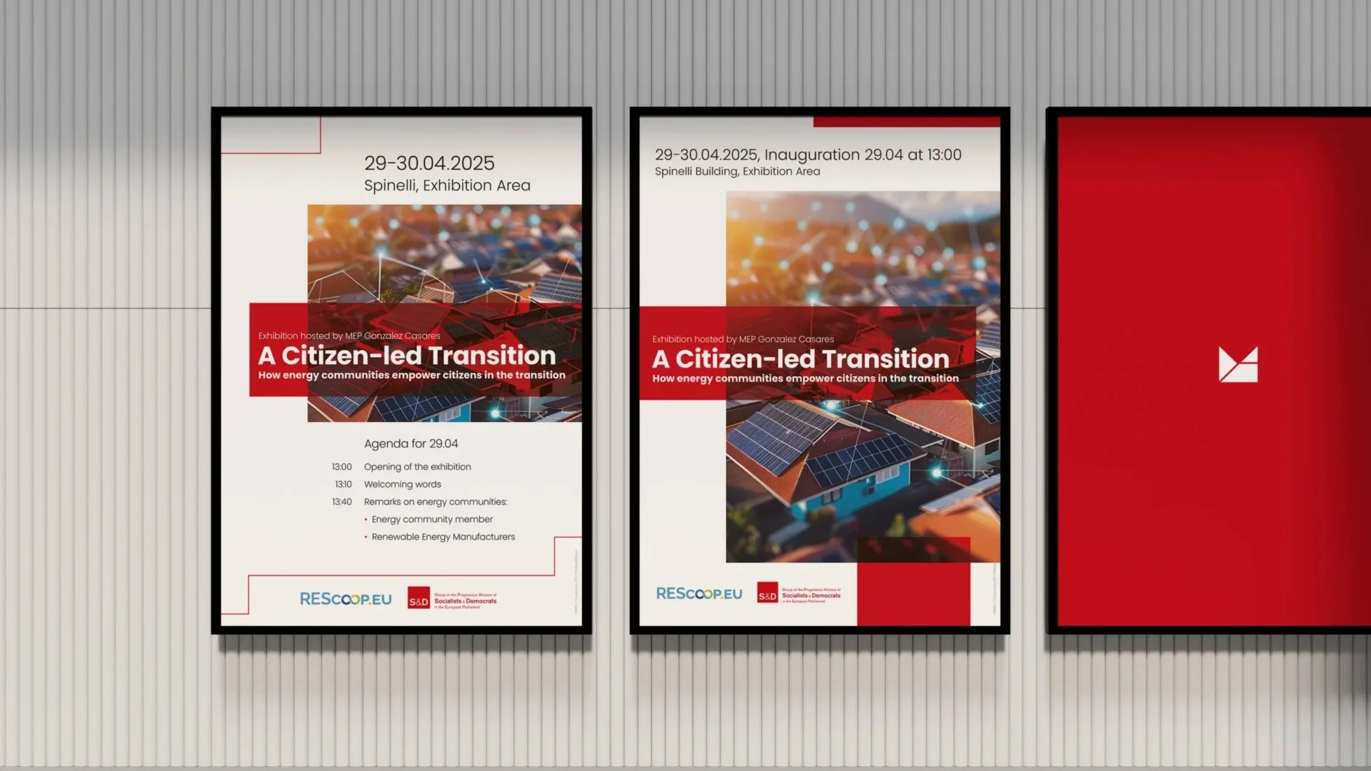 Two posters hanging on a wall, advertising an exhibition at the European Parliament called ‘A Citizen-led Transition: How energy communities empower citizens in the transition’.