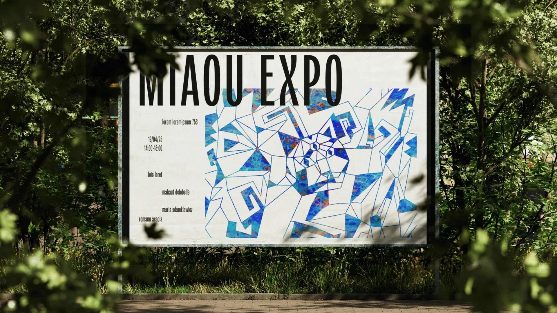 A street banner surrounded by trees displaying the exhibition poster of 'Miaou expo'.