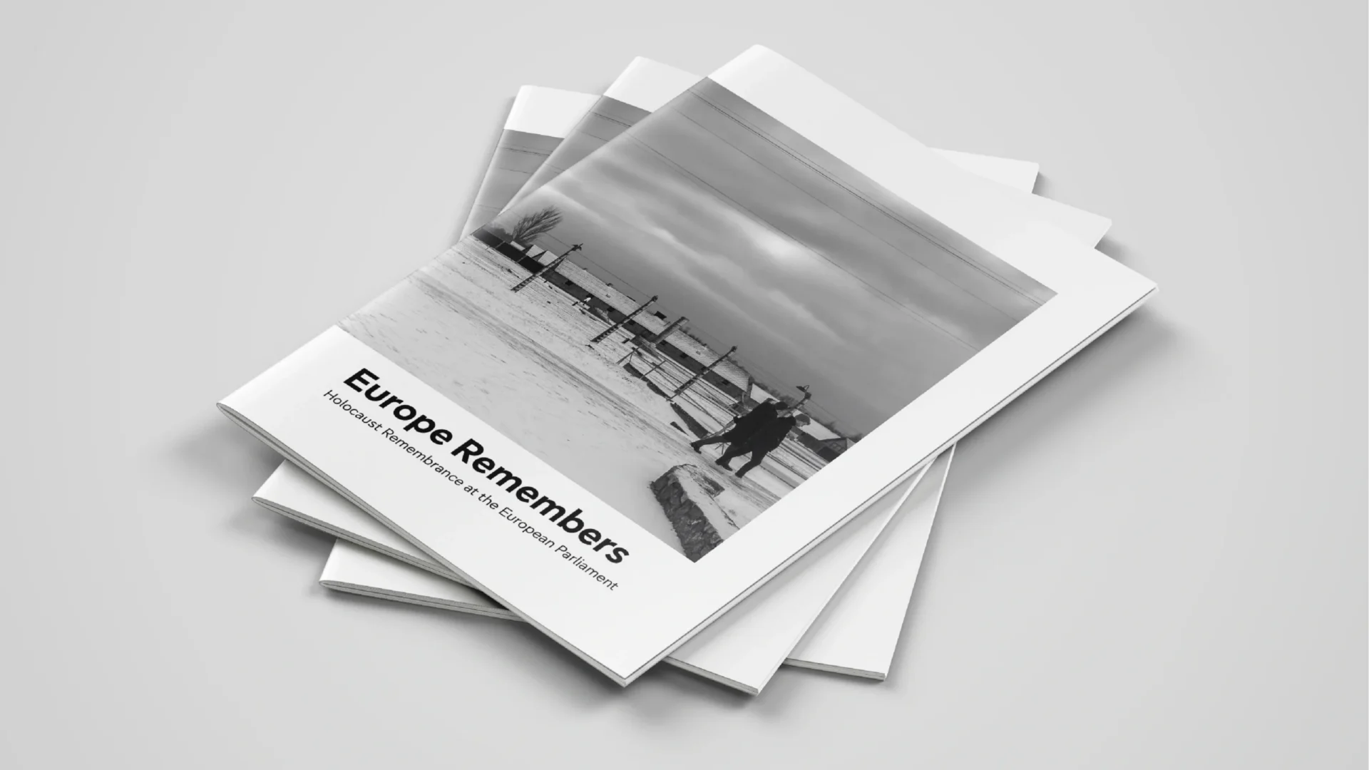 A stack of booklets showing the front page, where there is a title ‘Europe Remembers: Holocaust Remembrance at the European Parliament’, and a cover photo displaying Auschwitz-Birkenau.