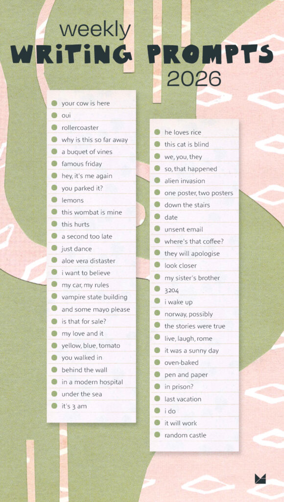 a green collage sheet presenting 'weekly writing prompts for 2026'