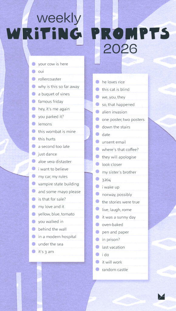 a purple collage sheet presenting 'weekly writing prompts for 2026'